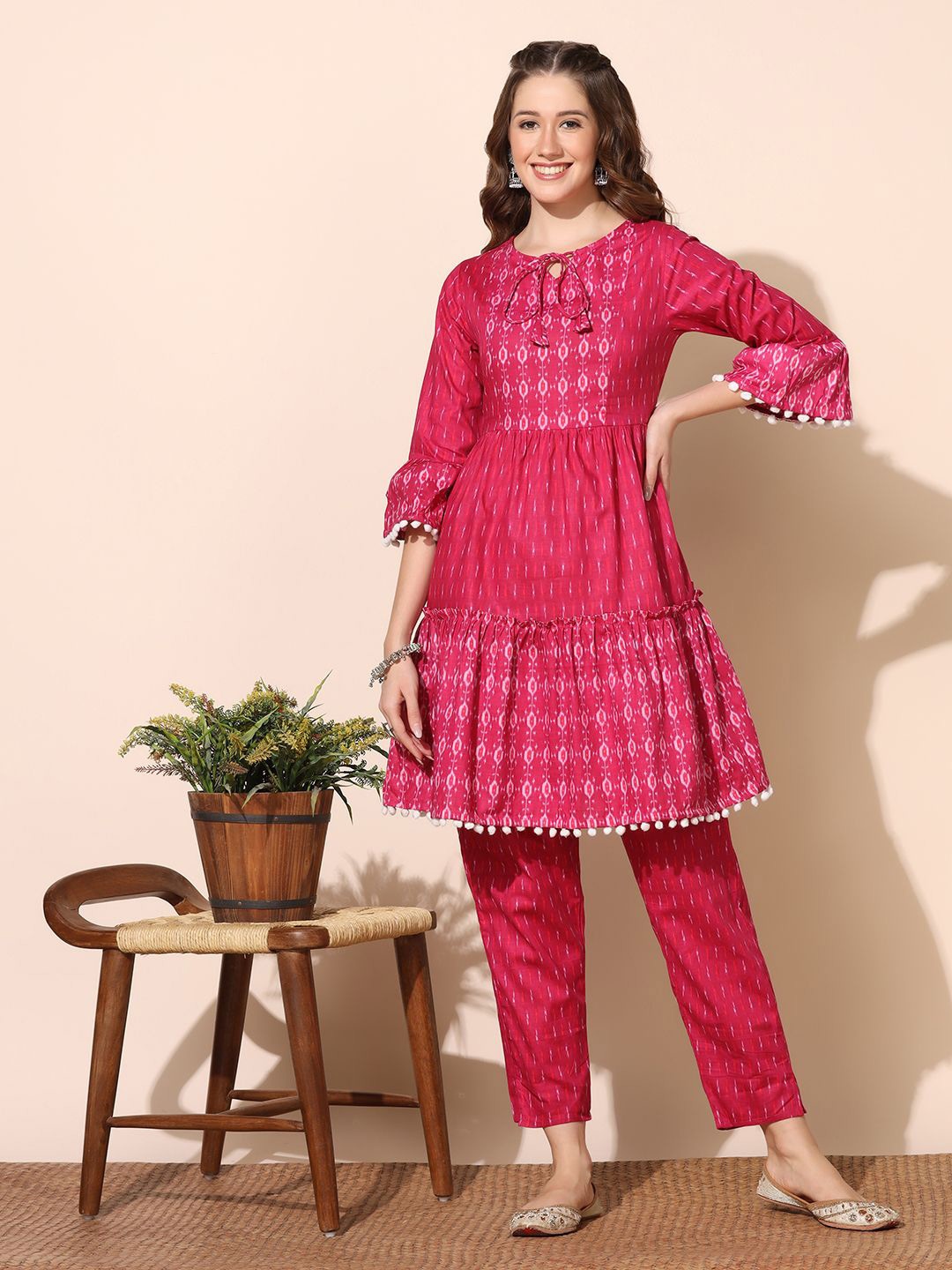 

BAESD Ethnic Motifs Printed Bell Sleeves A-Line Kurta With Trousers, Pink