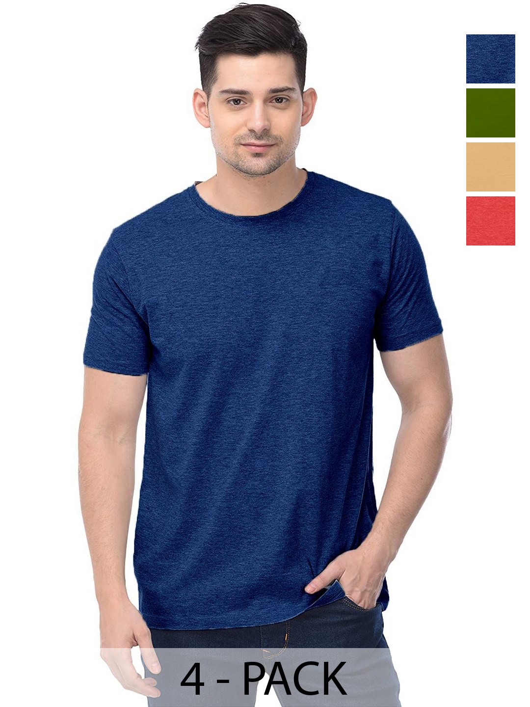 

COLOR CAPITAL Unisex Pack Of 4 Solid Round Neck Cotton T-shirts, Olive