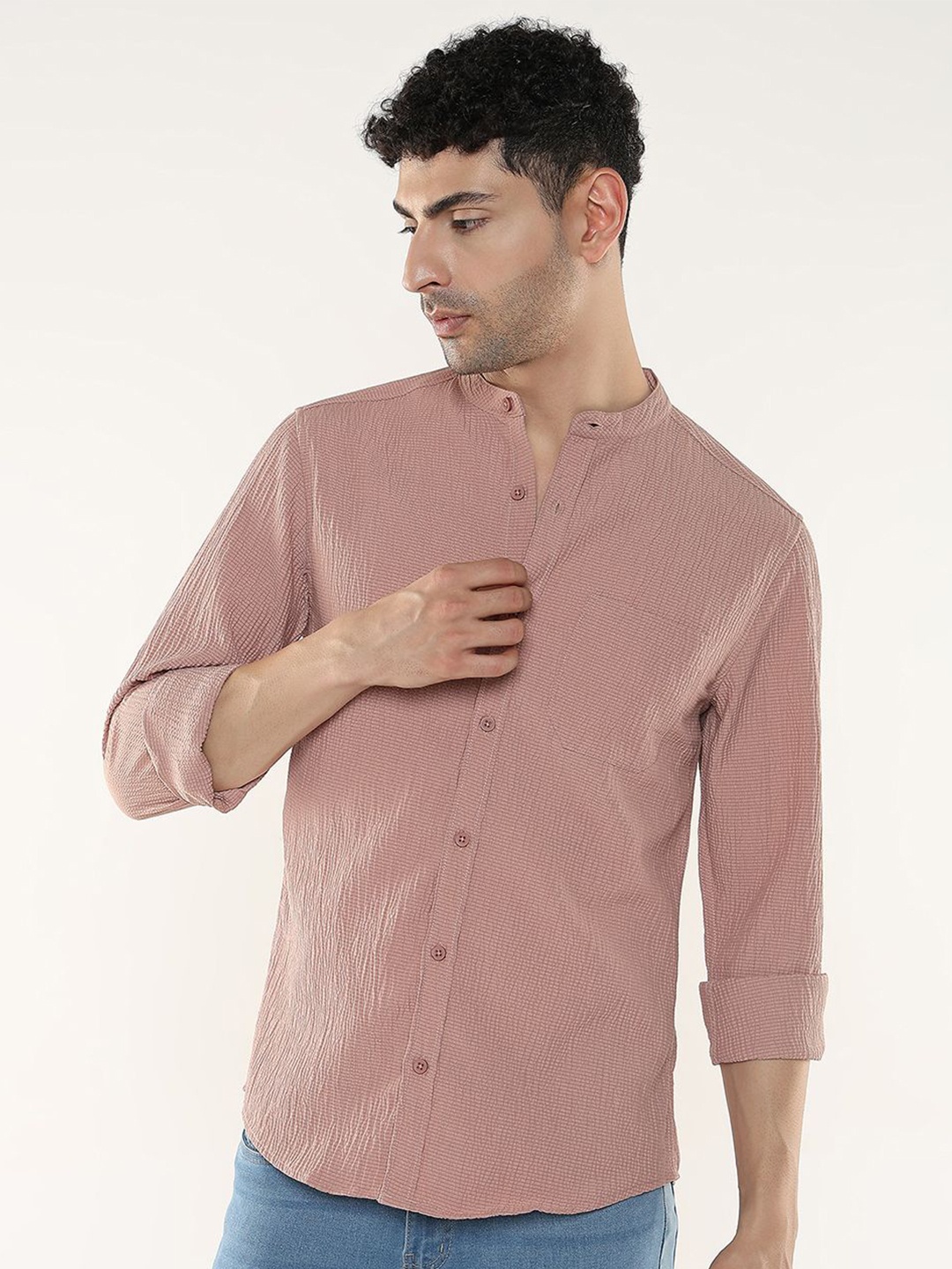 

R&B Men Band Collar Geometric Printed Cotton Casual Shirt, Pink