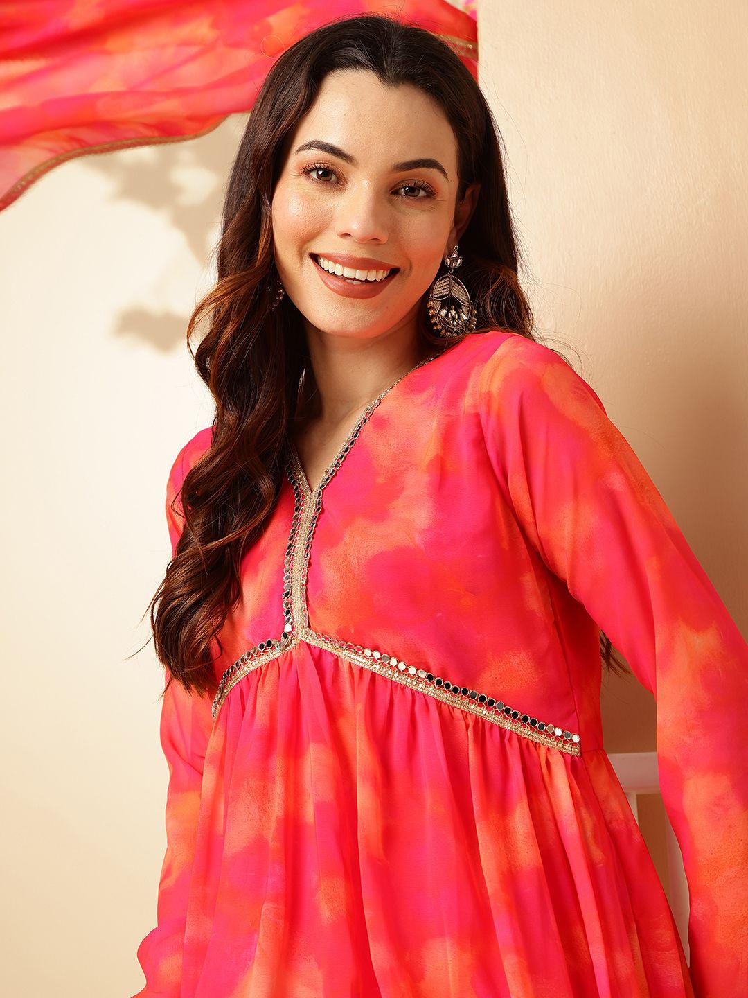 

Anouk Abstract Printed Pleated Mirror Work A-Line Kurta with Trousers & Dupatta, Magenta