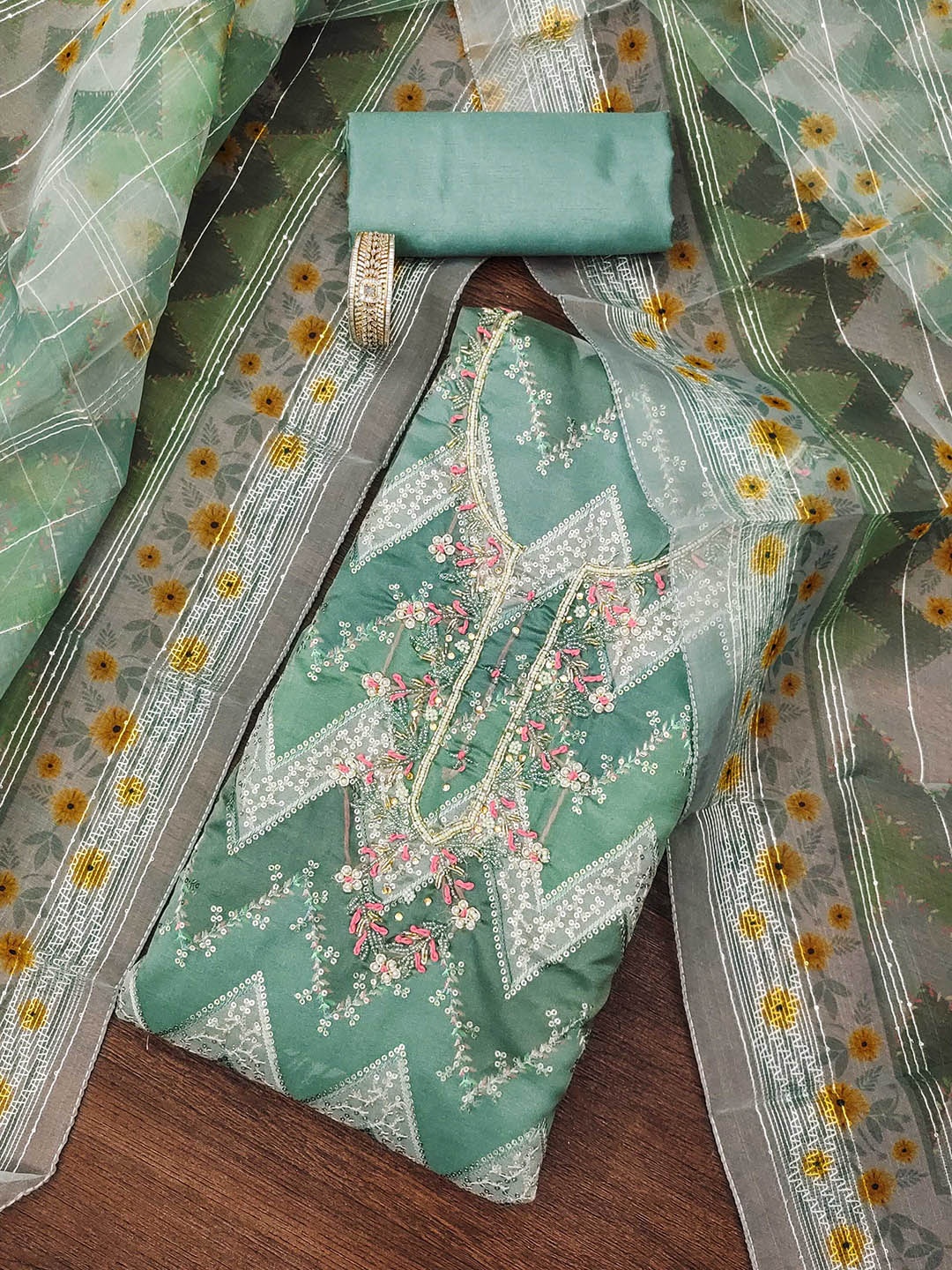 

MANVAA Embellished Beads & Stones Organza Unstitched Dress Material, Green