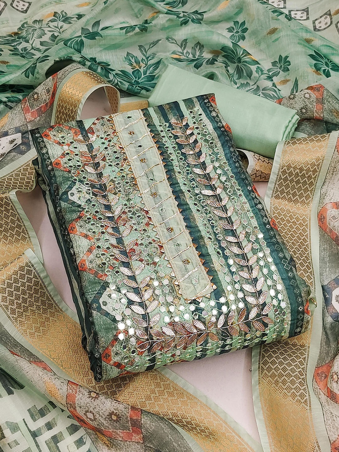 

MANVAA Floral Embellished Unstitched Dress Material, Sea green
