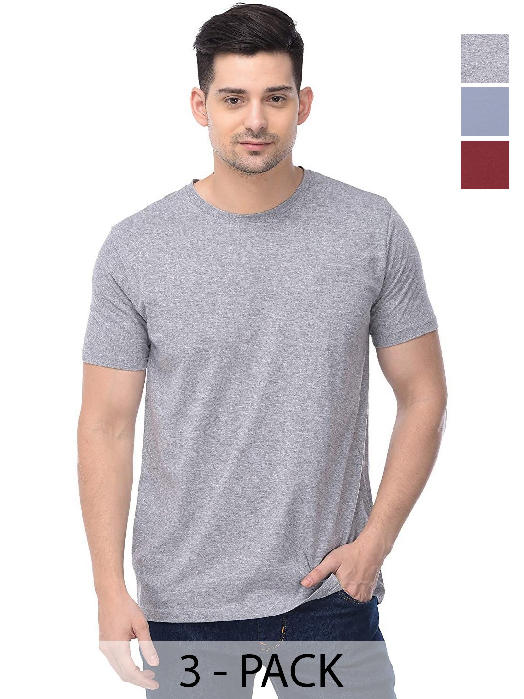 

COLOR CAPITAL Unisex Pack Of 3 Solid Round Neck Cotton T-shirts, Grey