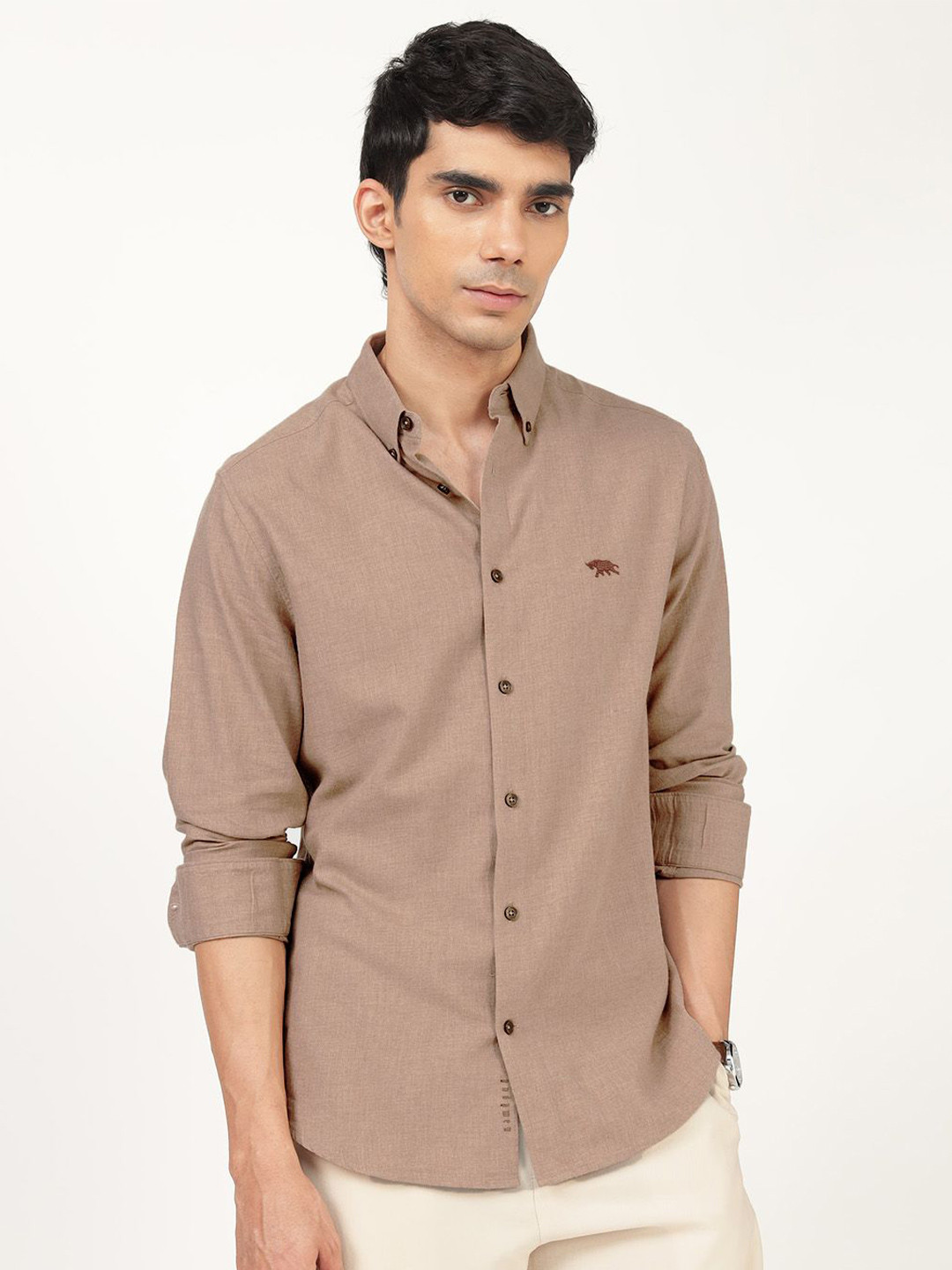 

Andamen Men Premium Button-Down Collar Solid Cotton Slim Fit Casual Shirt, Khaki