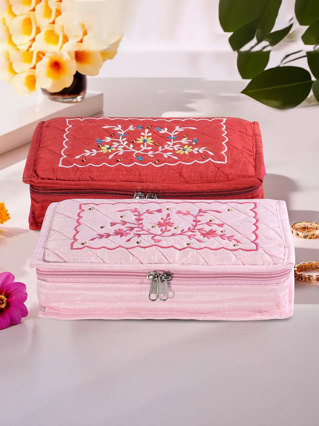 

Kuber Industries Red & Pink 2 Pieces Floral Embroidered Jewellery Organisers
