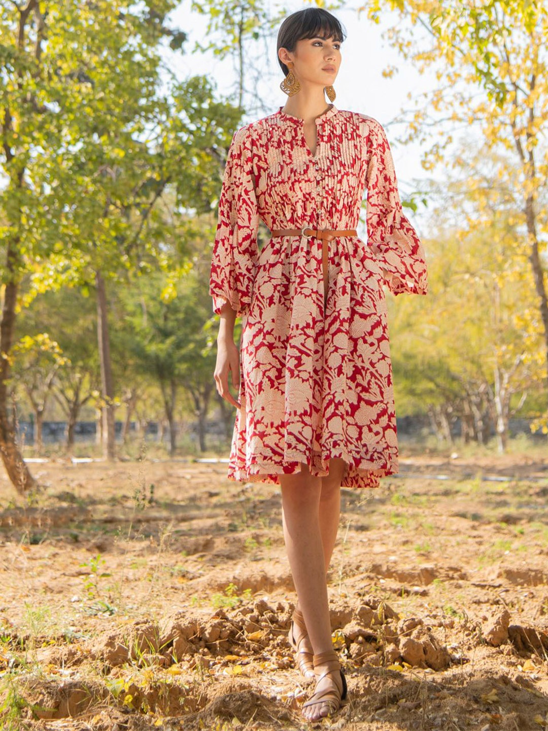 

MARCHE Floral Printed Cotton Bell Sleeve Fit & Flare Dress, Red