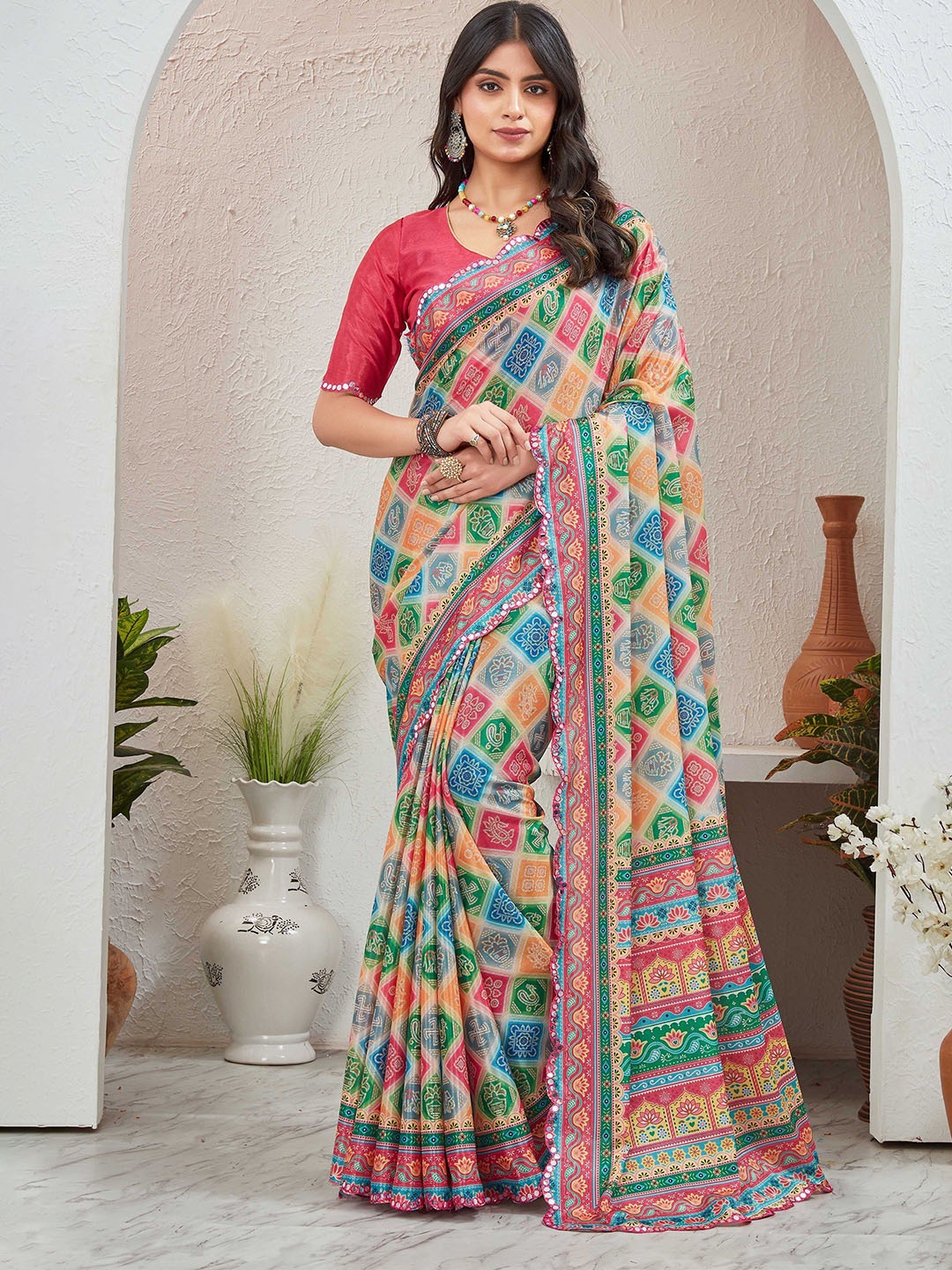 

Globon Impex Ethnic Motifs Mirror Work Pure Chiffon Saree with blouse piece, Pink