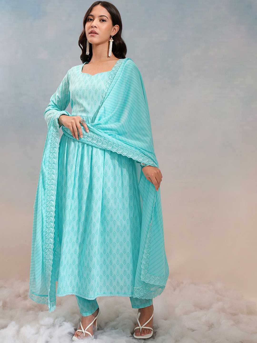 

Vishudh Turquoise Blue Floral Printed Pure Cotton A-Line Kurta with Trousers & Dupatta
