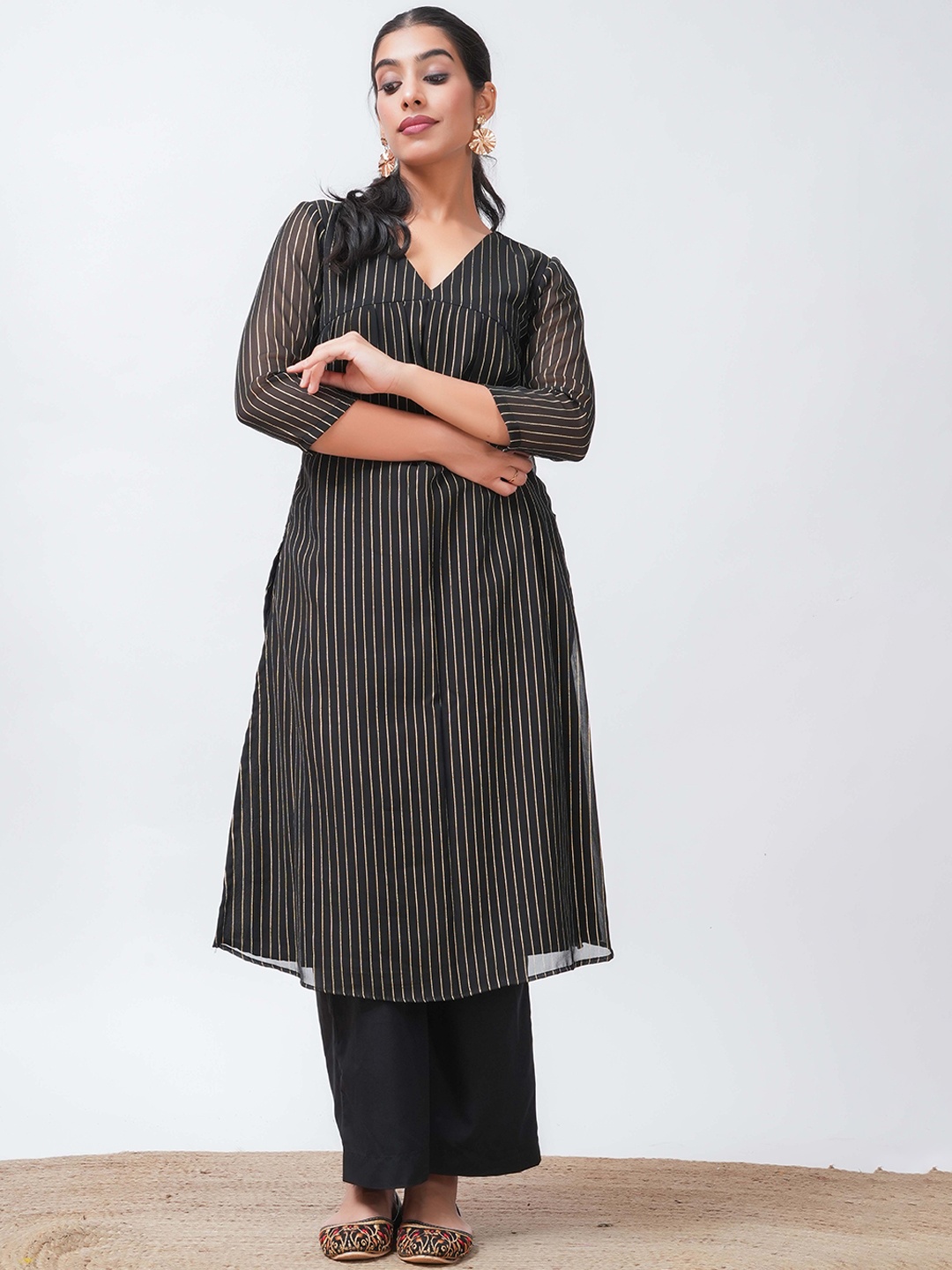 

Salvia Sky Striped V Neck Regular A Line Kurta with Palazzos, Black