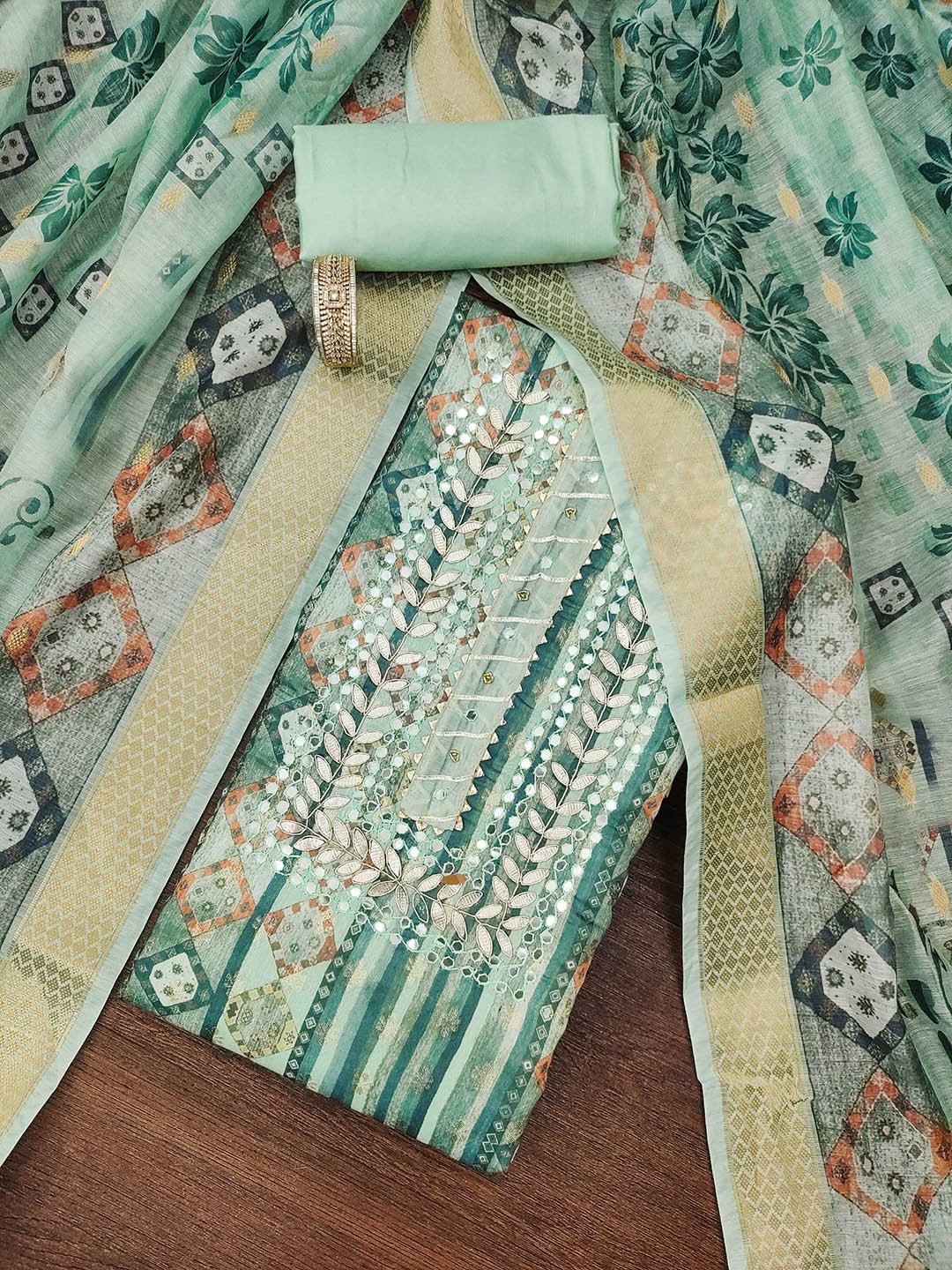 

MANVAA Embellished Mirror Work Unstitched Dress Material, Sea green