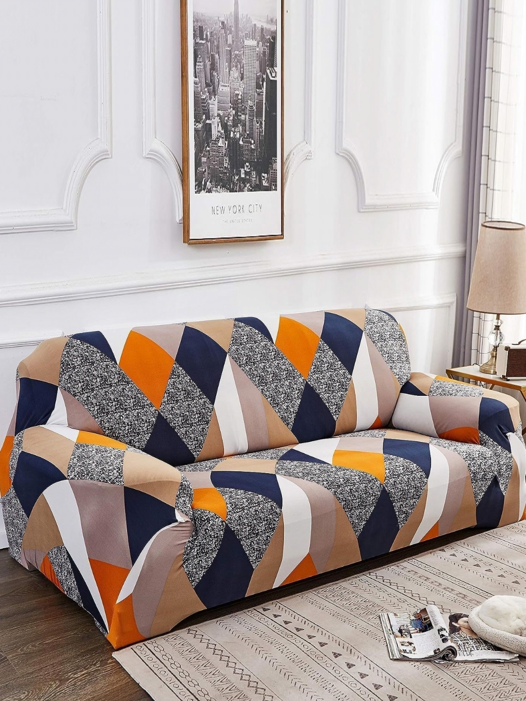 

MULTITEX Orange & Blue Printed 3 Seater Sofa Cover