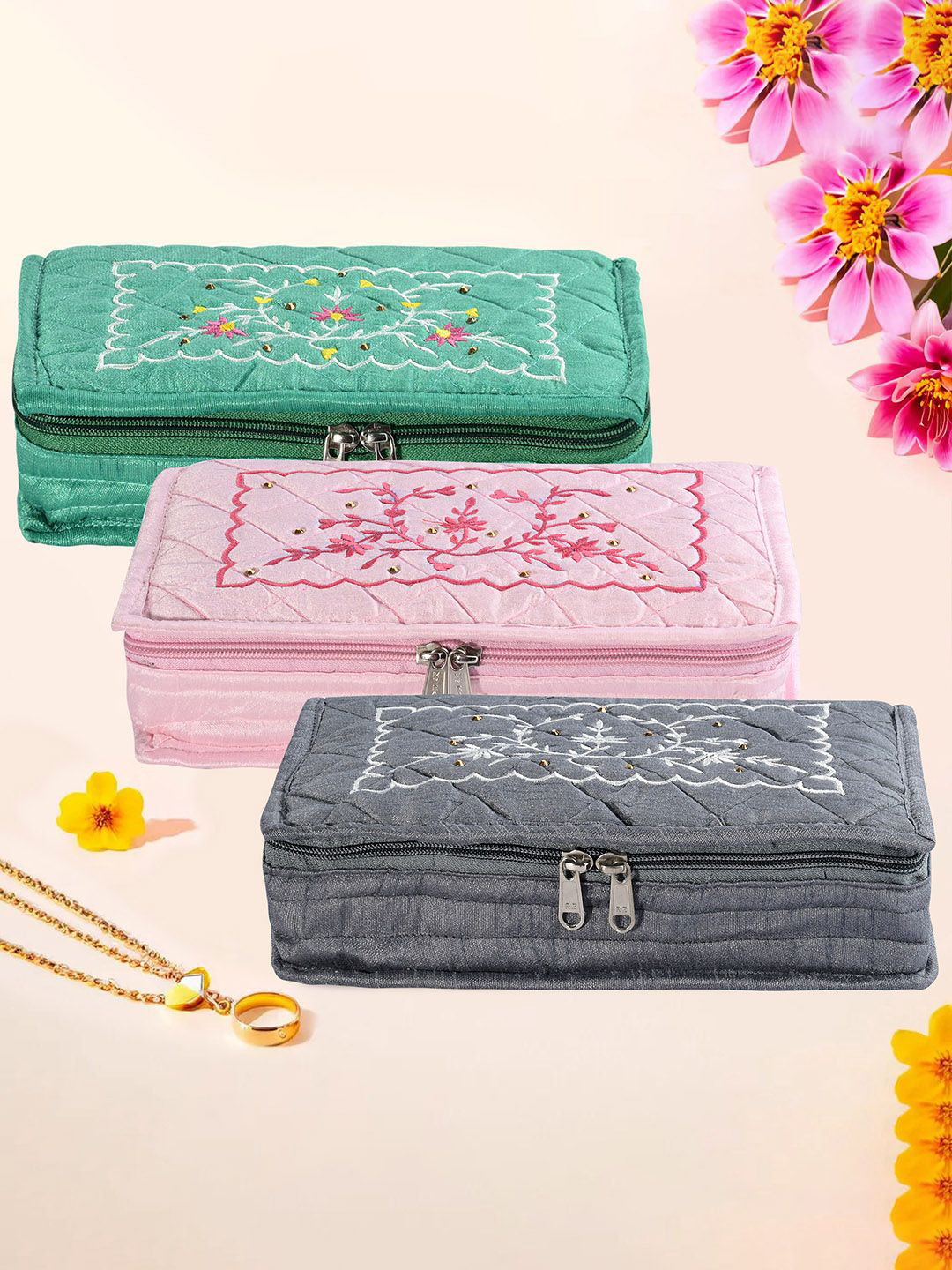 

Kuber Industries Grey & Green 3 Pieces Embroidery Jewellery Organisers