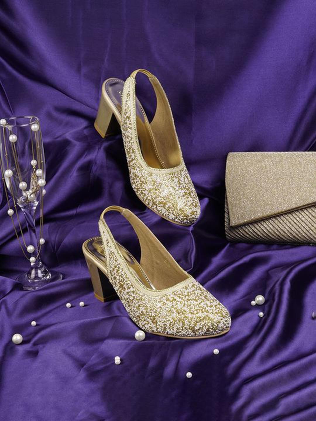 

Metro Women Embellished Backstrap Block Pumps, Gold