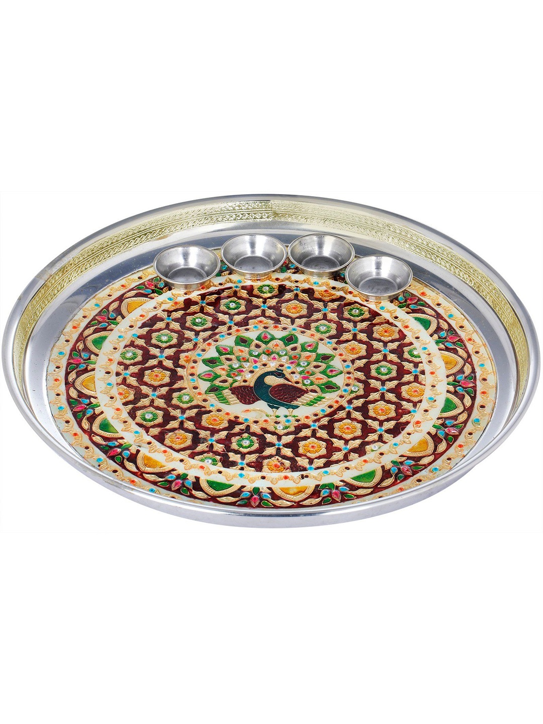 

Exotic India Peacock Puja Thali with Four Attached Bowls, Silver