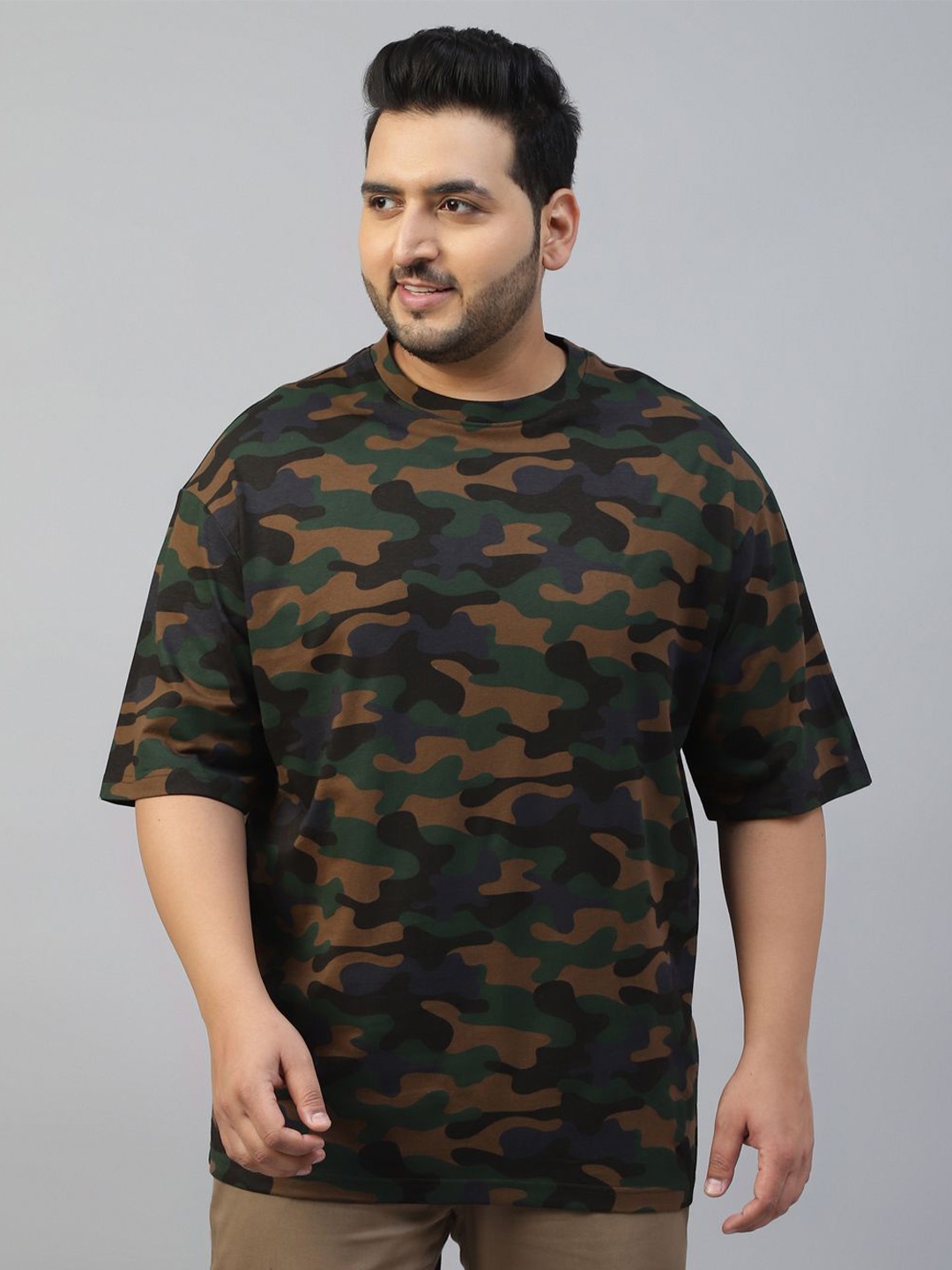 

VEIRDO Men Plus Size All Over Printed Drop-Shoulder Sleeves Pure Cotton Oversized T-shirt, Green