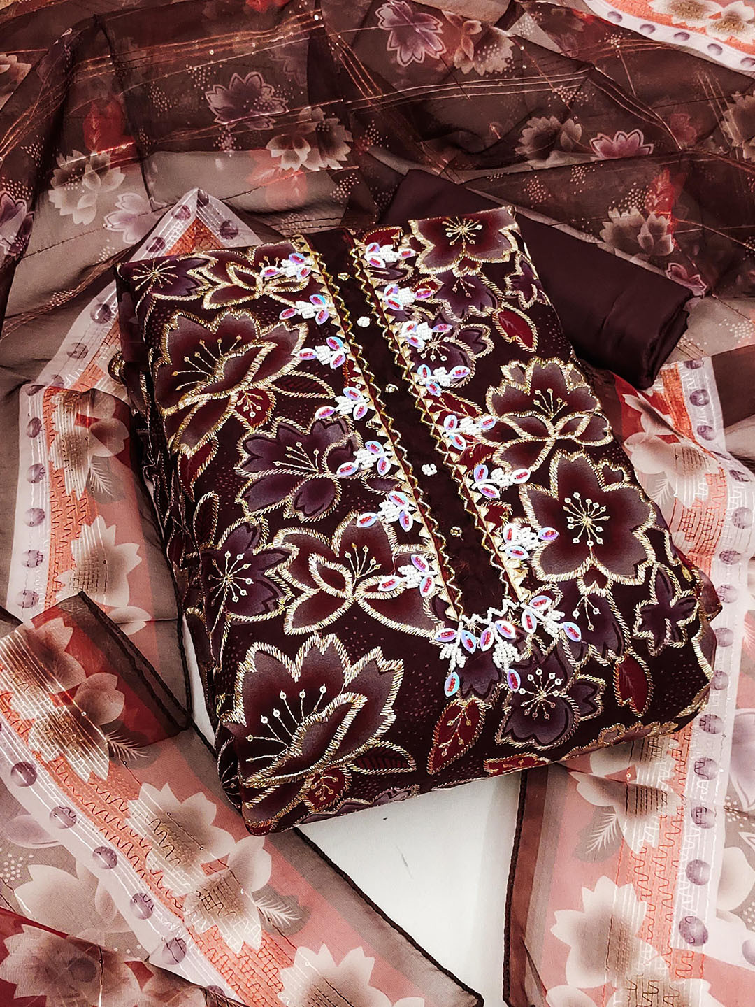 

MANVAA Floral Embellished Organza Unstitched Dress Material, Maroon