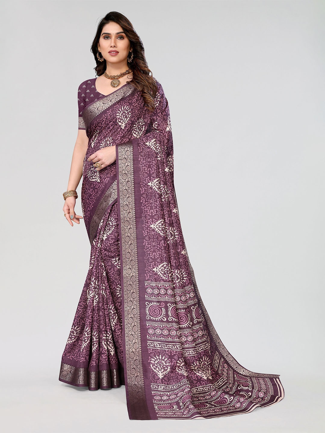 

VIRICA Ethnic Motifs Printed Zari Saree, Purple