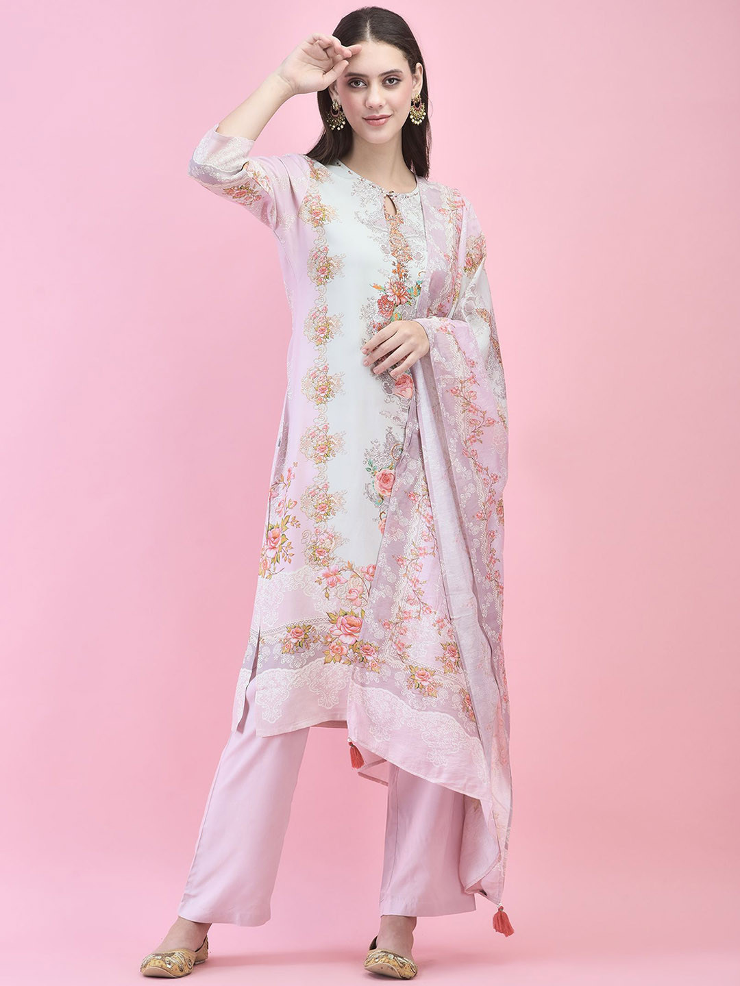

Shree Floral Printed Kurta with Trousers & Dupatta, Pink