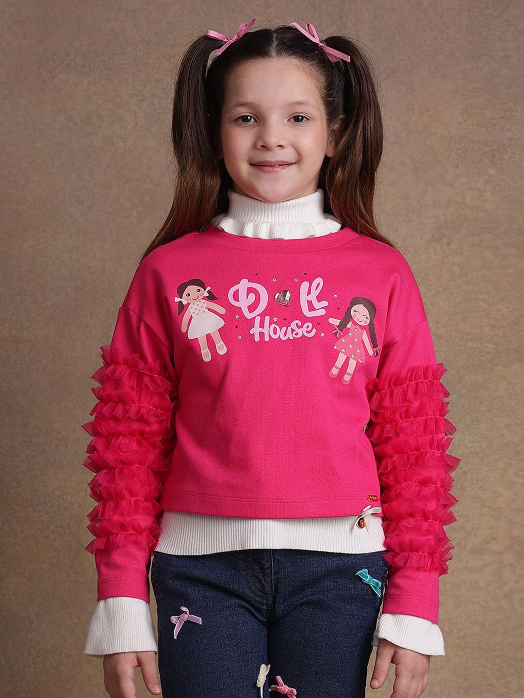 

One Friday Girls Graphic Printed High Neck Cotton Top, Pink