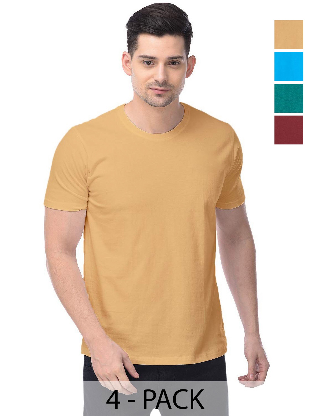 

COLOR CAPITAL Unisex Pack Of 4 Solid Round Neck Cotton T-shirts, Mustard