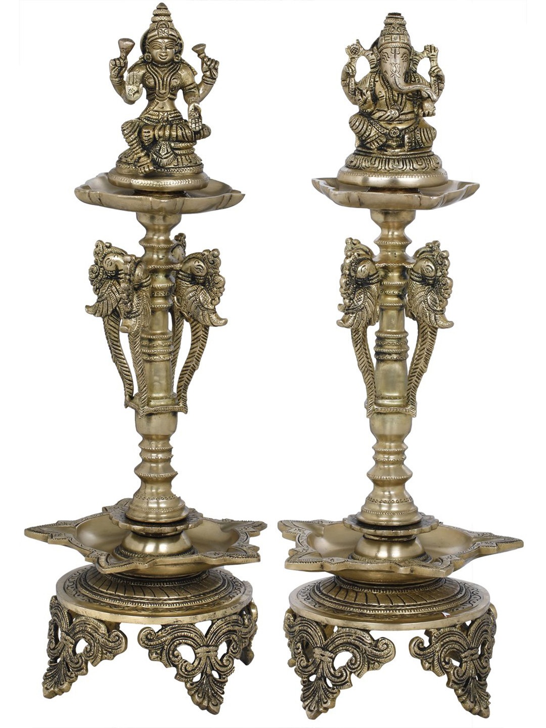 

Exotic India 19" Lakshmi Ganesha Auspicious Lamps in Brass - Made In India, Gold
