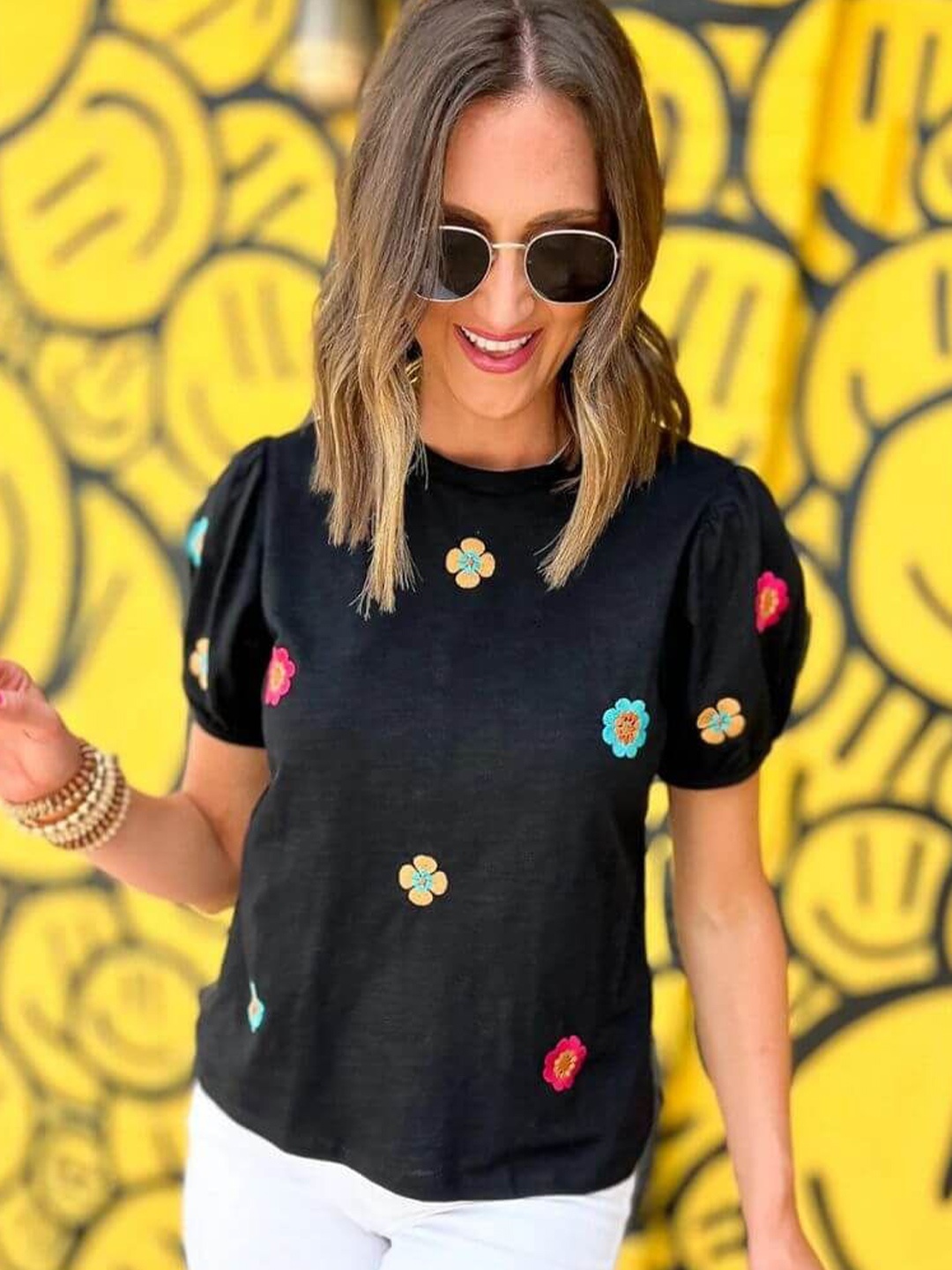 

FancyPants Women Floral Printed Round Neck Cotton Top, Black