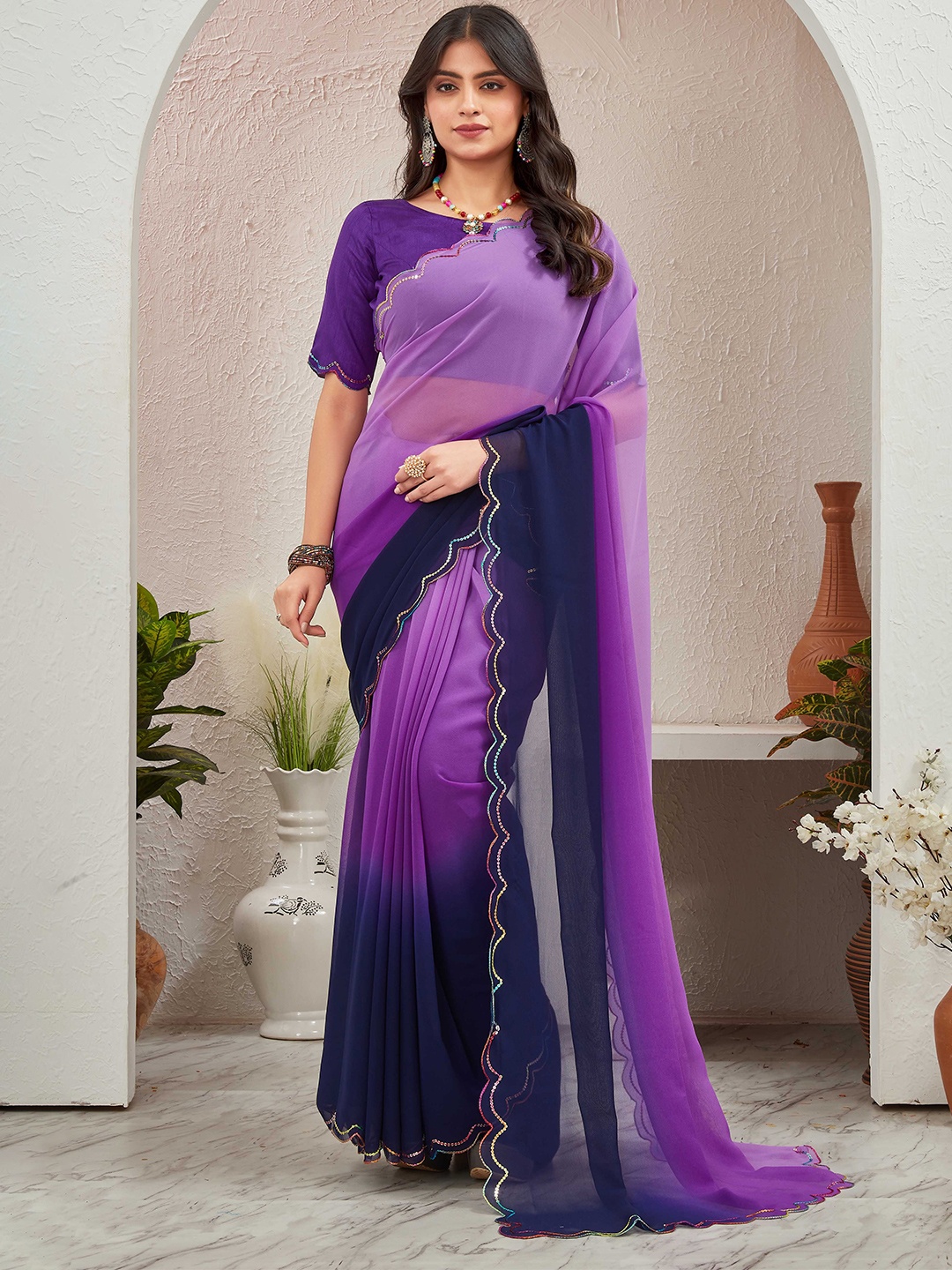 

Globon Impex Ombre Sequinned Pure Georgette Saree, Purple