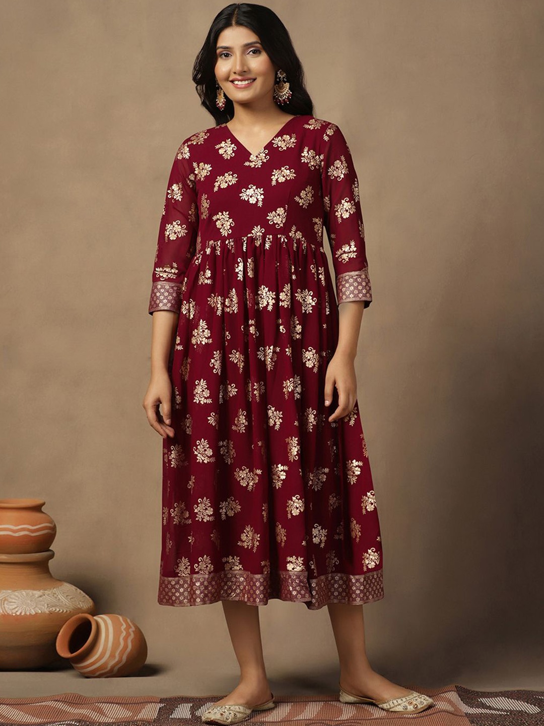 

FASHION DREAM Floral Printed V-Neck Fit & Flare Gathered Georgette Midi Ethnic Dress, Maroon