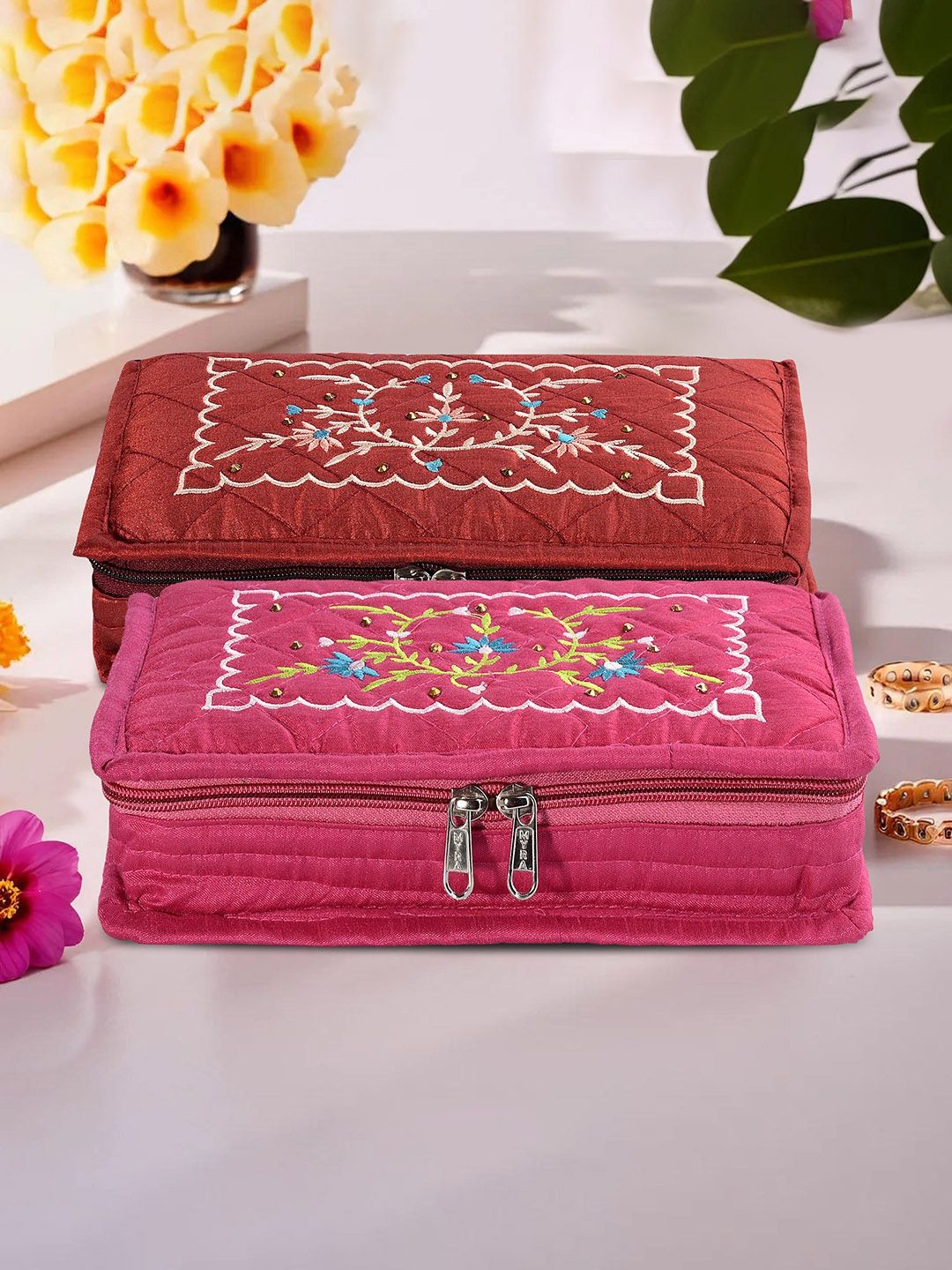 

Kuber Industries Maroon & Pink 2 Pieces Embroidery Jewellery Organiser