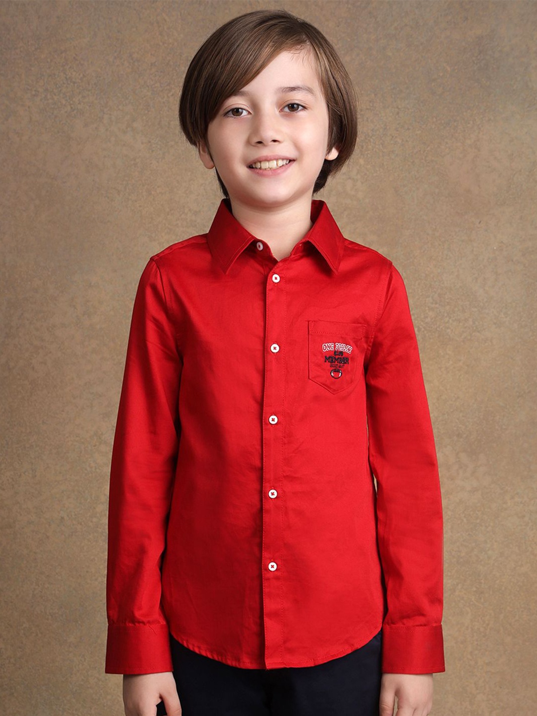 

One Friday Boys Comfort Spread Collar Solid Cotton Formal Shirt, Red