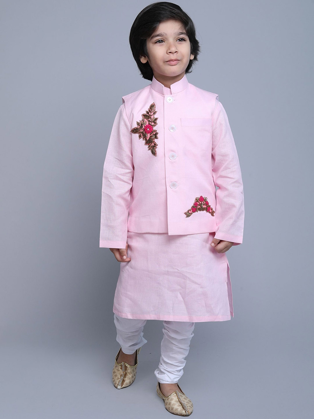

Little Clothings Boys Straight Beads and Stones Linen Kurta with Churidar, Pink