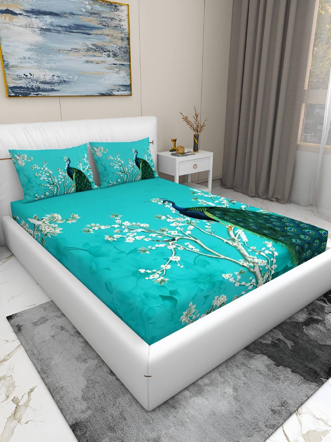 

GAPU & BALY Premium Green & White Floral 180 TC King Fitted Bedsheet with 2 Pillow Covers