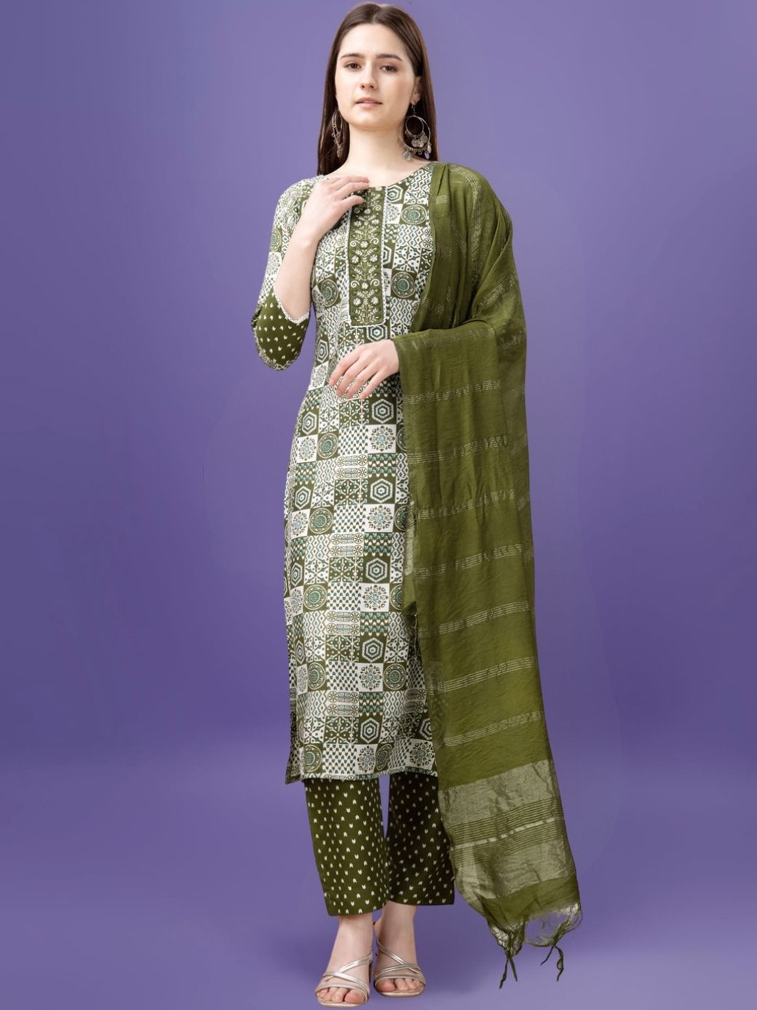 

MAGMINA Geometric Printed Thread Work Straight Kurta With Trousers & Dupatta, Green