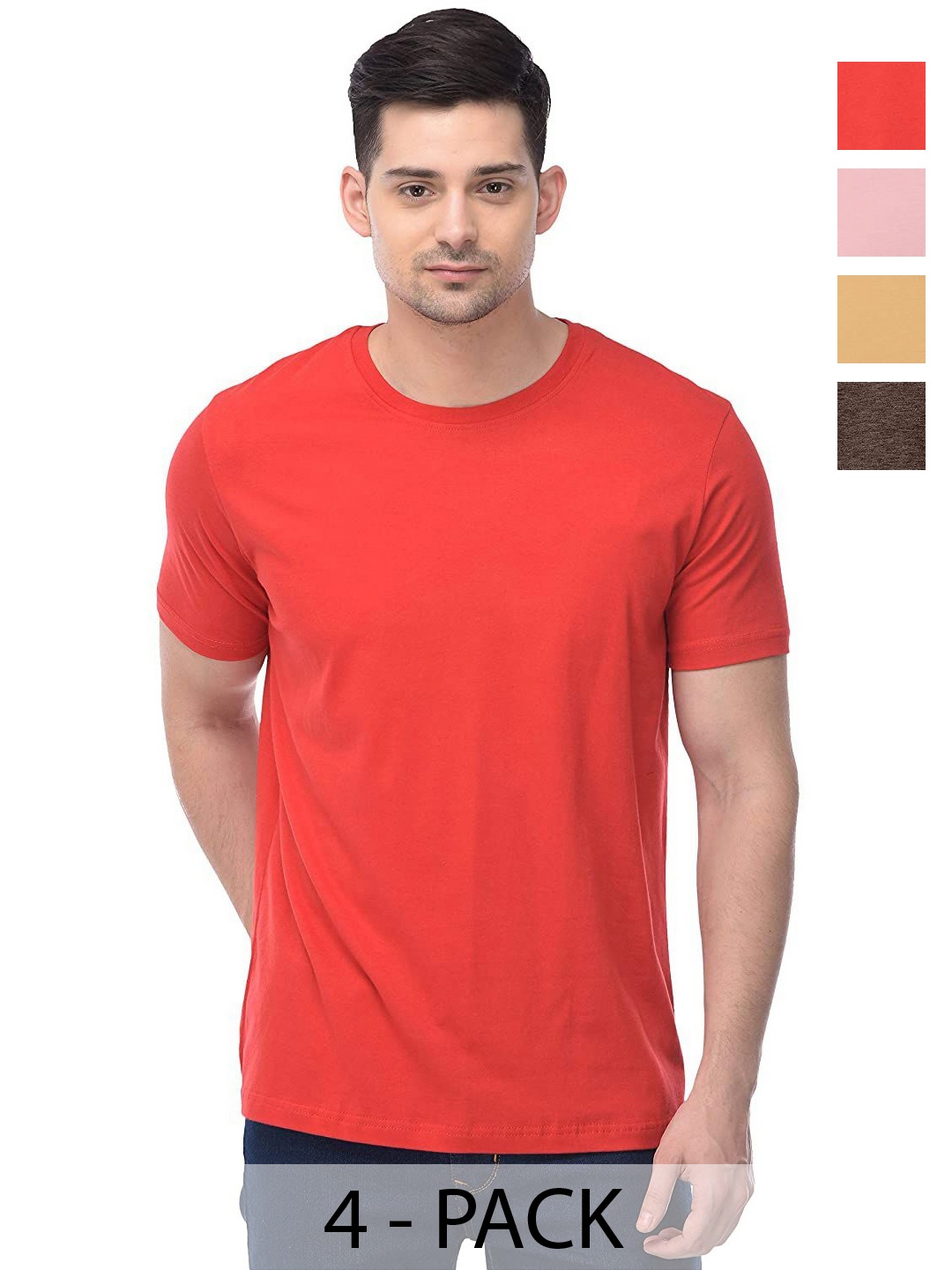 

COLOR CAPITAL Unisex Pack Of 4 Solid Round Neck Cotton T-shirts, Red