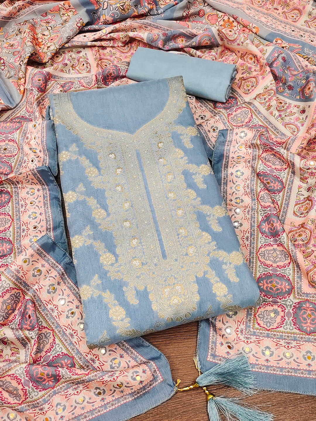 

MANVAA Zari Woven Design Unstitched Dress Material, Grey