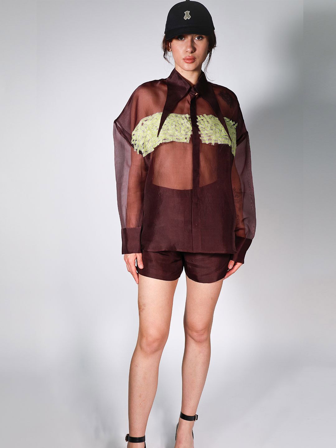 

Arya Giri Embroidered Long Sleeves Shirt & Shorts, Brown