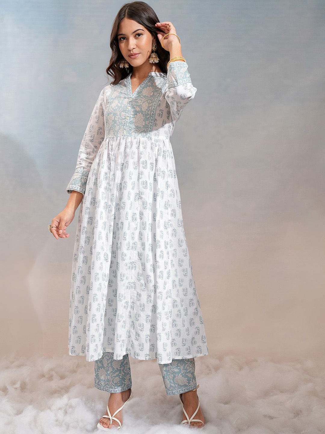 

Vishudh Blue Ethnic Motifs Printed Mandarin Collar Cotton Anarkali Kurta With Trousers