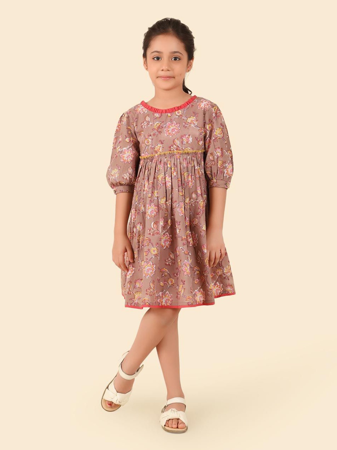 

Fabindia Girls Floral Printed Cuffed Sleeves Cotton Fit & Flare Dress, Brown