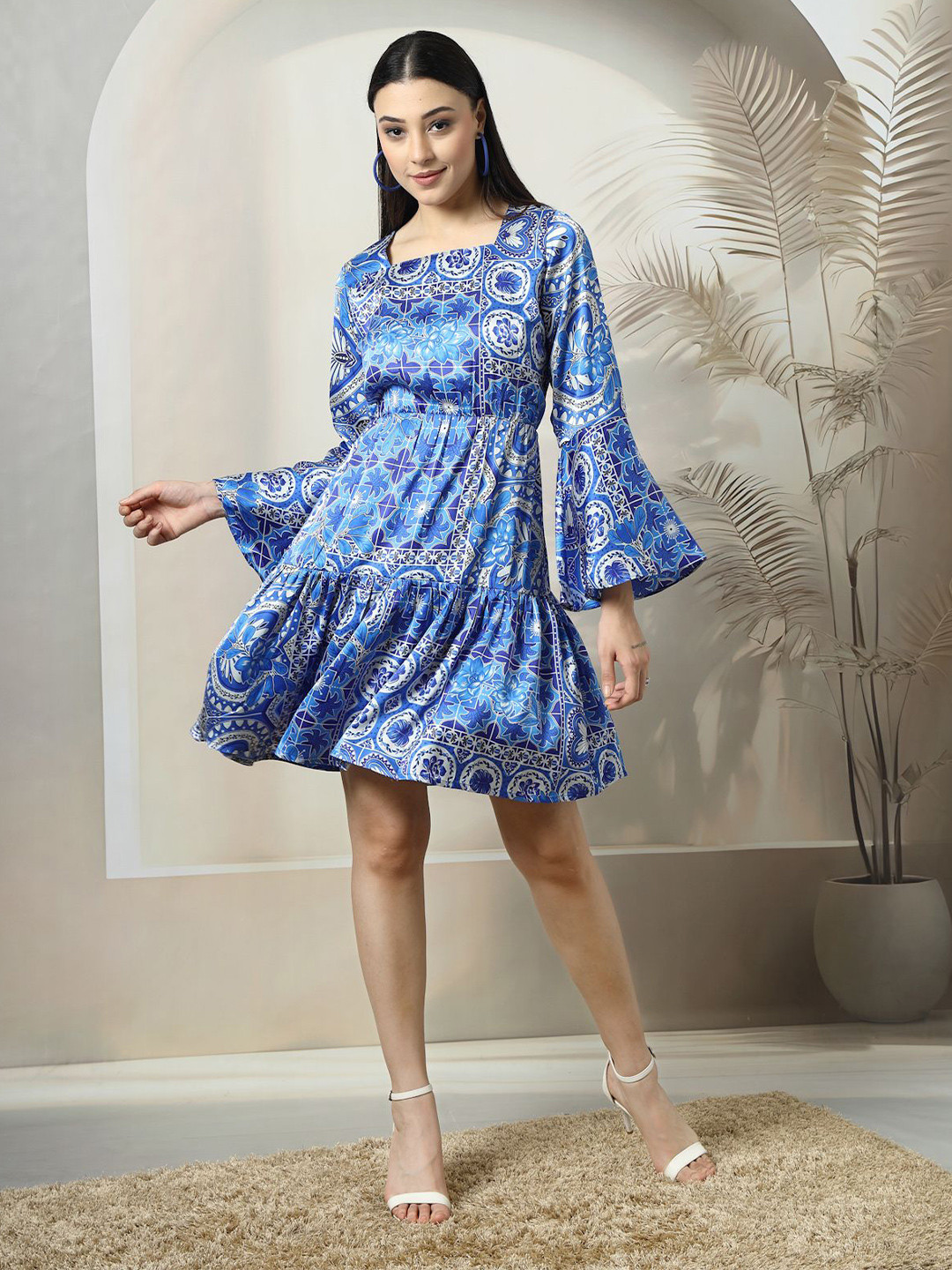 

plusS Floral Printed Bell Sleeves Fit & Flare Dress, Blue