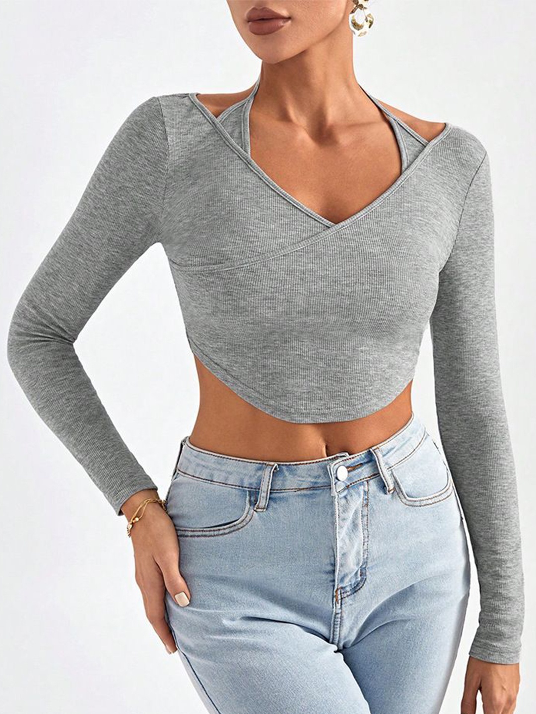 

StyleCast Women Solid V-Neck Top, Grey