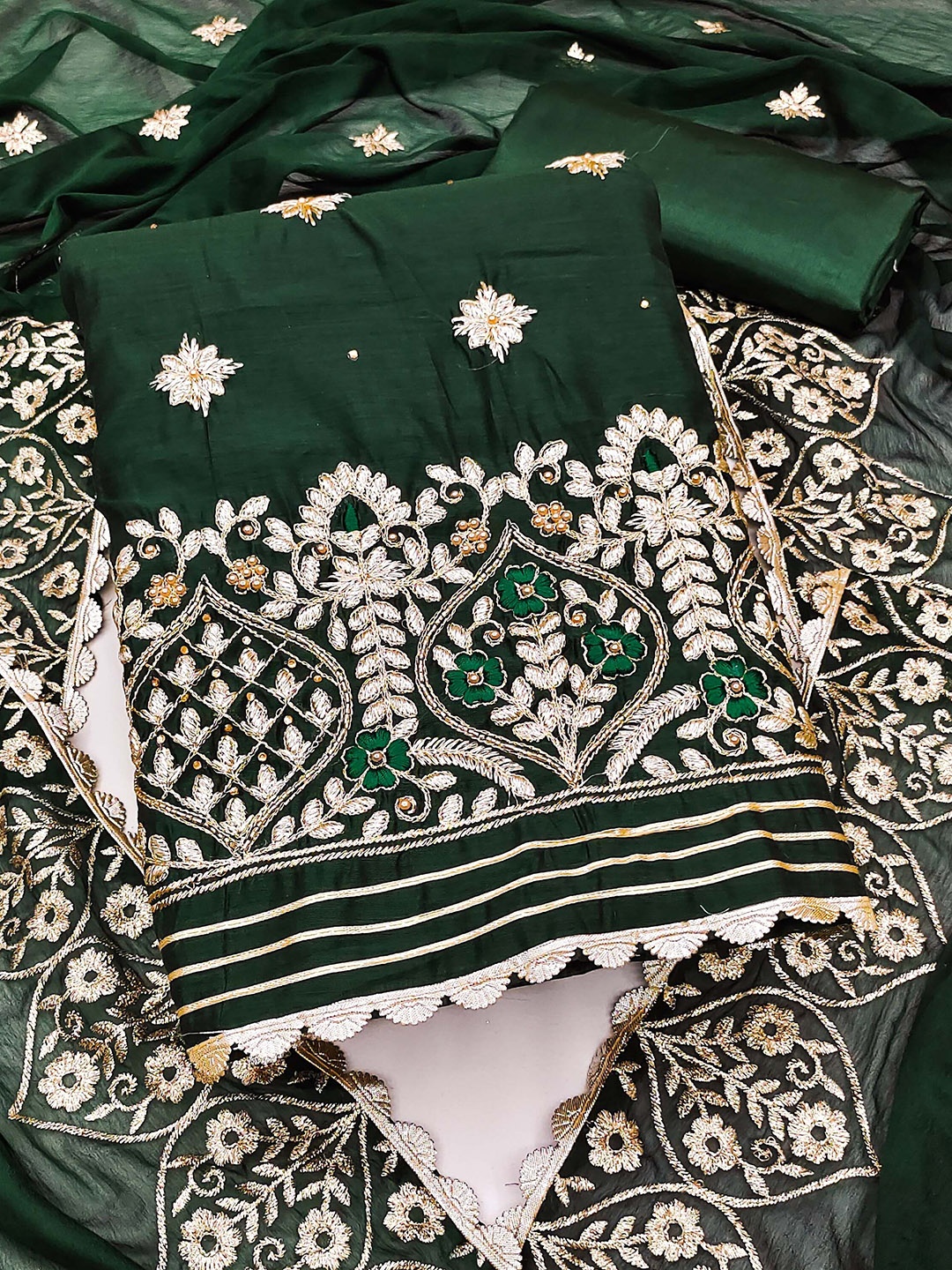 

KIMISHA Floral Embroidered Beads and Stones Unstitched Dress Material, Green