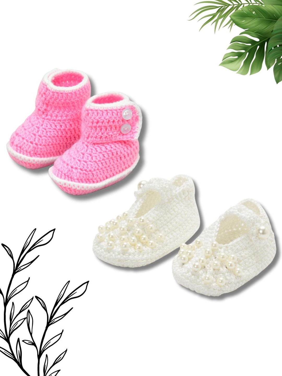 

FUNKRAFTS Girls Handmade Pack of 2 Crochet Acrylic Booties, White