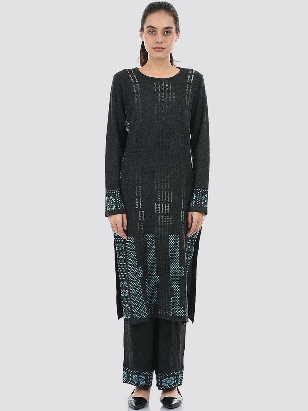 

American Eye Geometric Woven Design Round Neck Straight Kurta with Palazzos, Grey
