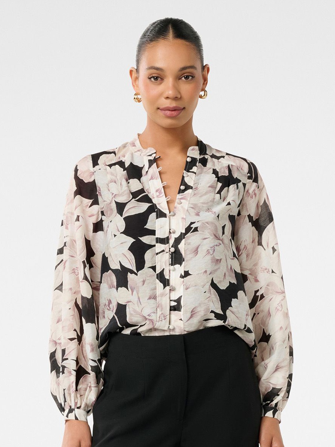 

Forever New Women Floral Printed Mandarin Collar Lyocell Top, Multi