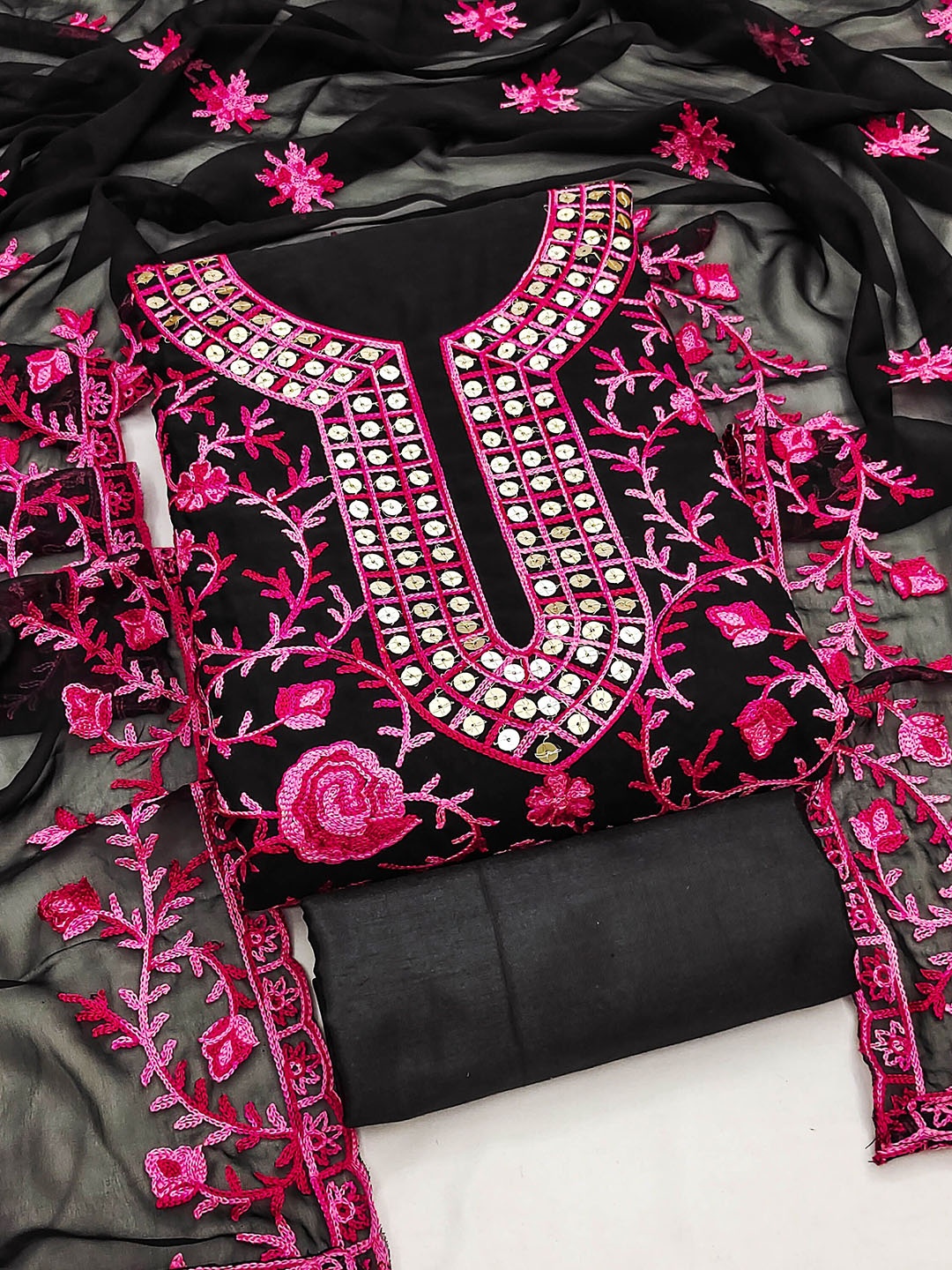 

MANVAA Embellished Mirror Work Unstitched Dress Material, Black