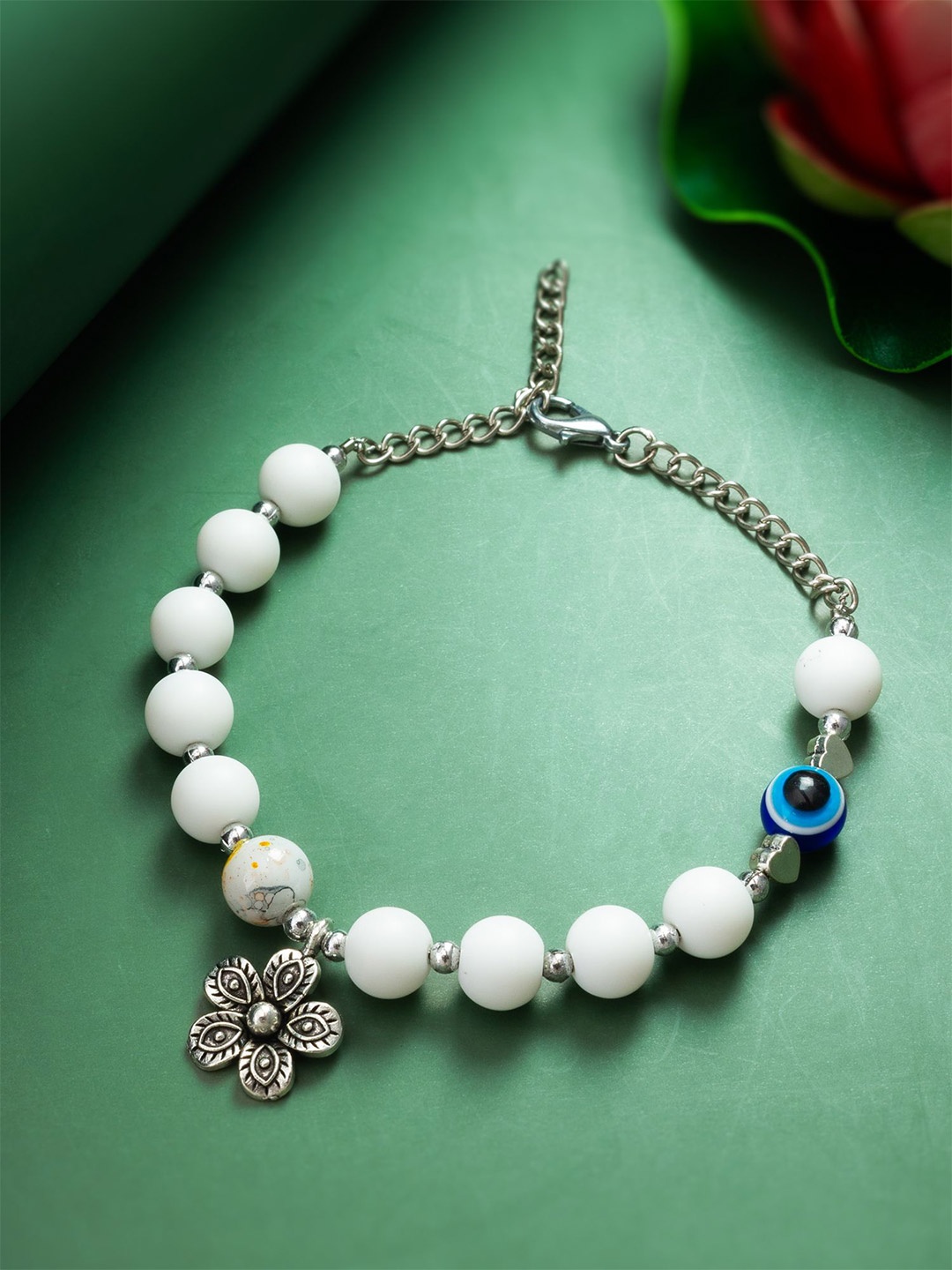 

aadita Silver Glass Pearl Evil Eye Charm Bracelet