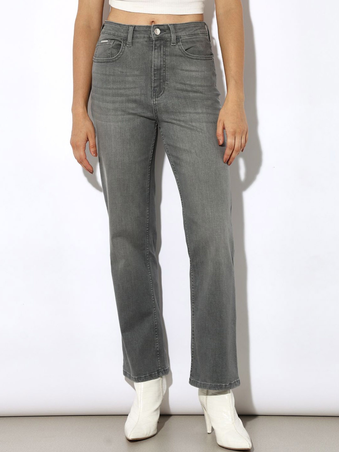 

ONLY Women Straight Fit High-Rise Light Fade Stretchable Jeans, Grey