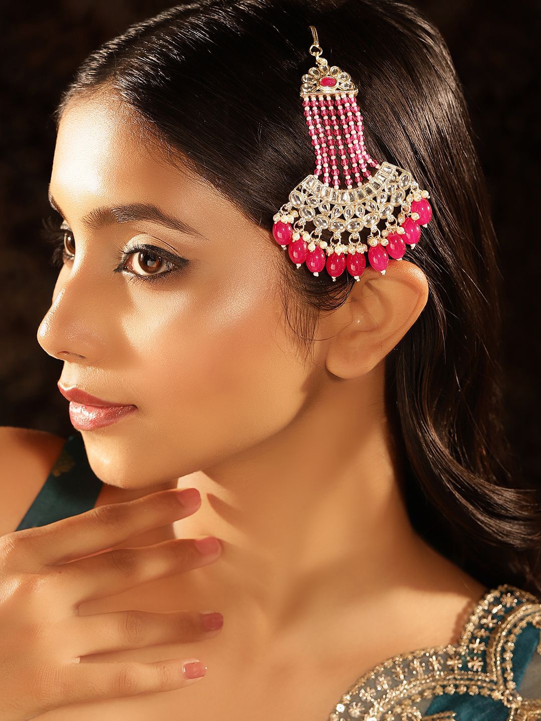 

Priyaasi Gold-Plated Kundan Studded Jhumar Passa Head Jewellery, Pink