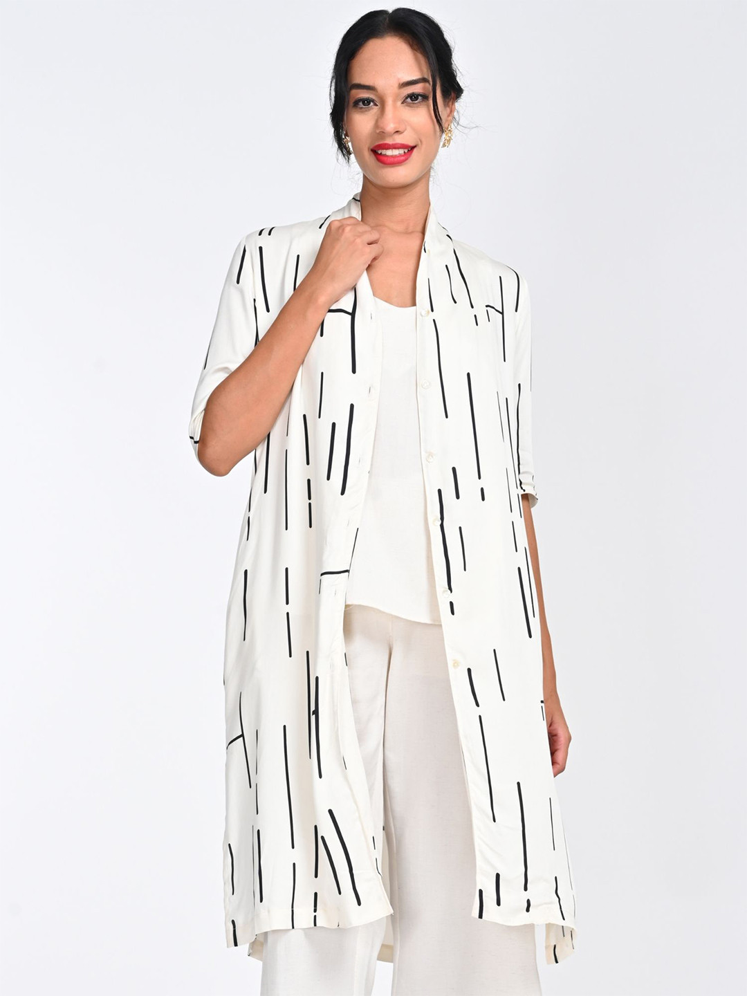 

Saltpetre Women Relaxed Collarless Abstract Printed Relaxed Fit Casual Shirt, Cream