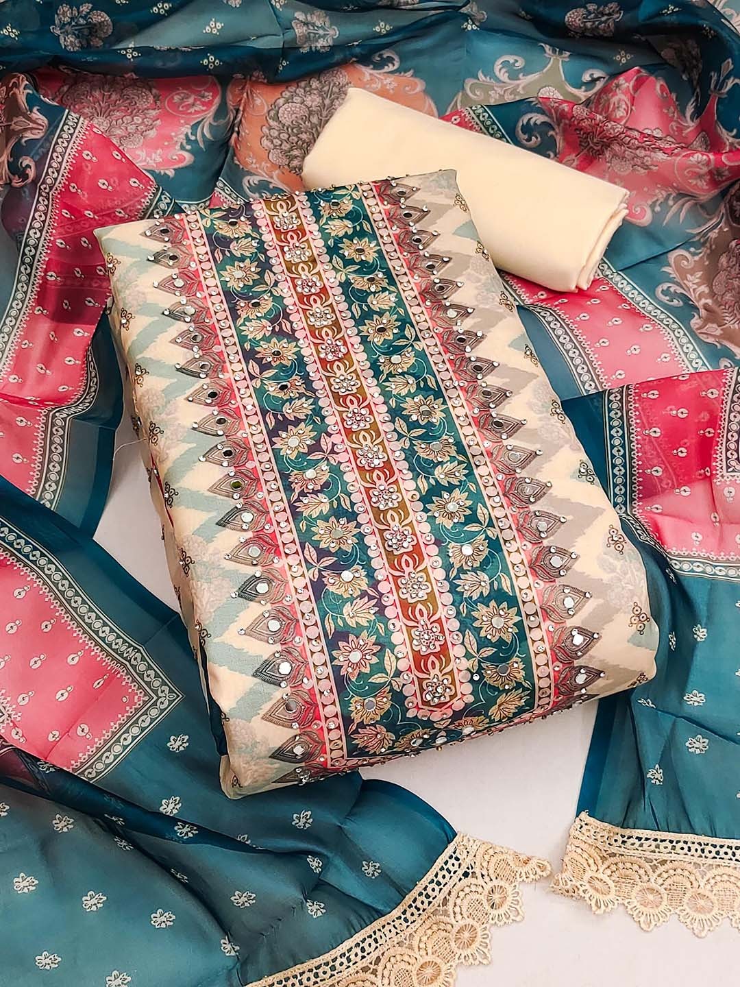 

MANVAA Floral Printed Unstitched Dress Material, Off white